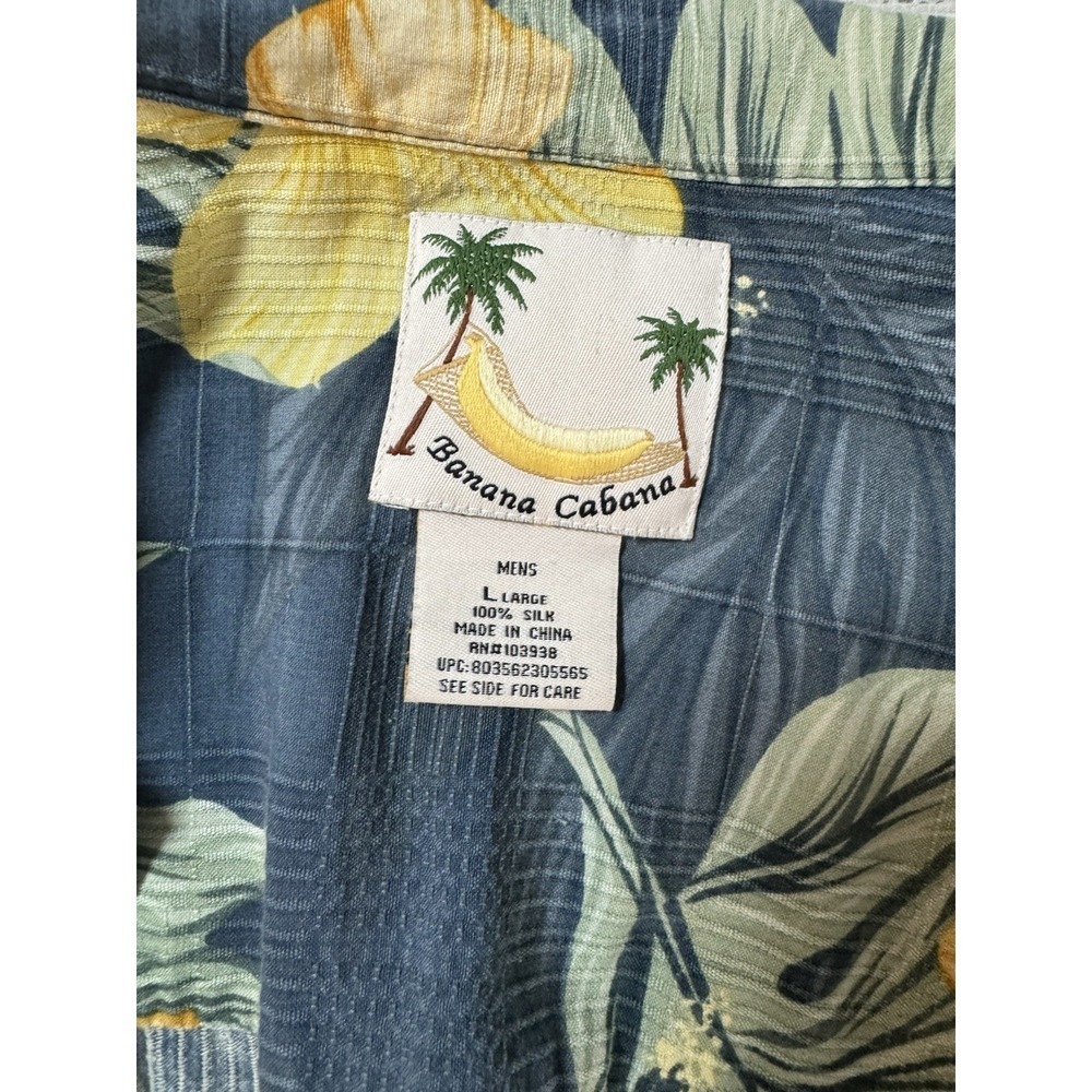 Banana Cabana Floral Buttondown 100% Silk Mens Large Blue Hawaiian Vacation - Picture 9 of 11